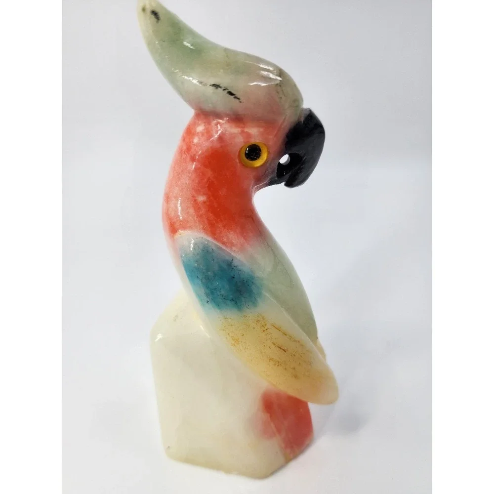 Vintage Hand Carved Onyx Stone Parrot Figurine Multi Color Bird Sculpture 5.5